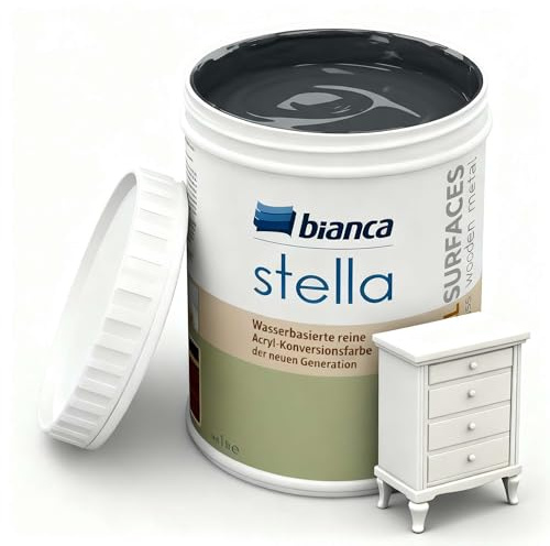 Bianca Stella Möbelfarbe Ohne Schleifen - Wasserbasierter Parfümierter Möbellack für Holz, Küchenschrank, Tisch, Stuhl - Anthrazit, Glänzend, Holzfarbe Innen & Außen, Hochdeckend, Kratzfest, 1L