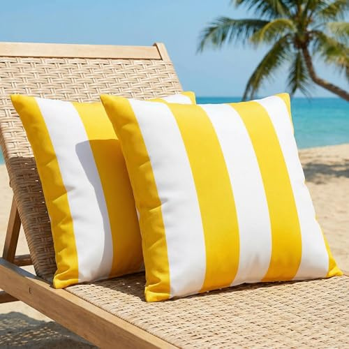 Luzzxfa 2er Set Outdoor Kissenbezug 50x50 cm Gelb Gestreifte Wasserfest Dekokissen Modern Garten kissenbezüge Strand Dekorative Kissenhülle Sommer Sofakissen für Sofa Balkon Camping