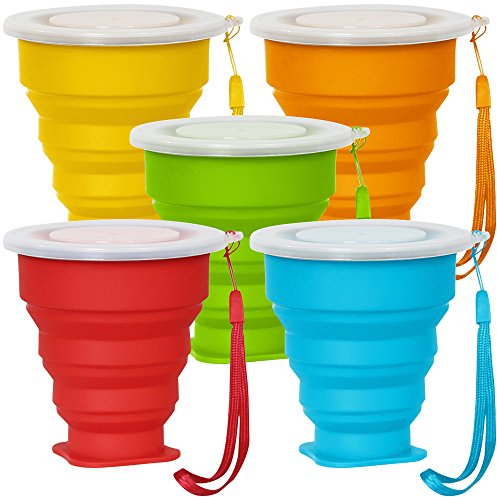 5 Pack Faltbarer Reisebecher mit Deckel, 6Oz Silikon Faltbarer Trinkbecher, SENHAI einziehbar zum Wandern Camping Picknick - Blau, Grün, Gelb, Orange, Rot