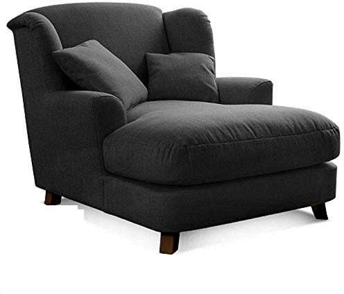 Cavadore XXL-Sessel Assado / Großer Polstersessel mit Holzfüßen und großer Sitzfläche / Inkl. 2 Zierkissen / 109 x 104 x 145 / Flachgewebe Dunkelgrau