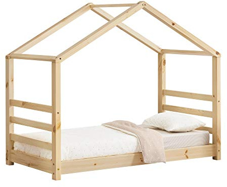 [en.casa] Children's bed Vardø with slatted frame House look Natural wood 80 x 160 cm for youth kids Pine wood