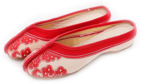 Women's Embroidered Flats Backless Shoes Household Chinese Style Casual Slippers,Size 9,Red