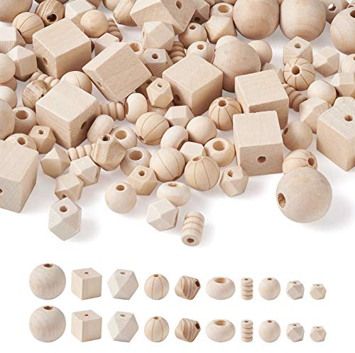 Beadthoven Holzperlen, unlackiert, Naturholzperlen, 9 ~ 25 mm, runde Würfel, Doppelkegelsäule, geometrische lose Holzperlen, Abstandshalter für Armbänder, Ohrringe, Schmuckherstellung, 150 Stück