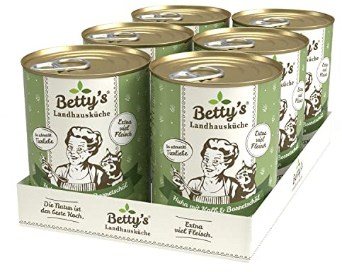 Betty's Landhausküche Dose Nassfutter Katze, getreidefrei, beste Qualität, hochwertiges Fleisch, schonend gegart, für alle Katzenrassen geeignet, Huhn & Kalb mit Borretschöl 6 x 400g