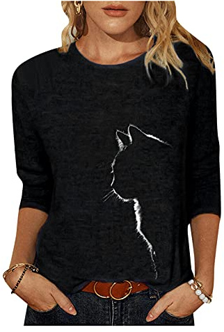 Dawwoti Femmes Manches Longues T-Shirts Plus La Taille Multi Couleur Chat Imprimer Hauts Casual Ras du Cou (Couleur 4, L)