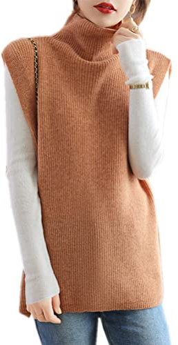 Wenwenma Damen Ärmelloser Weste Kaschmir-Mischung Pullunder Rollkragen -Ausschnitt Pullover (Goldenes Kamel, M)