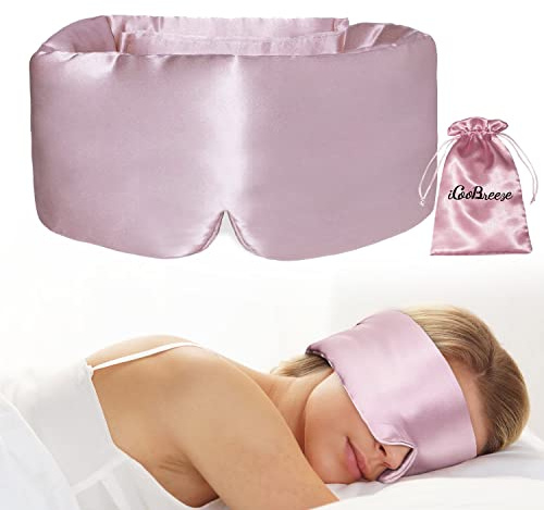 iCooBreeze 100% Natural Silk Eye Mask for Women Men, Soft Pressureless Cooling Blackout Eye Covers for Sleeping, Large Size Sleep Mask fits All Heads Adjustable, 1PC, Lotus Pink