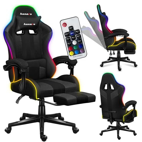 huzaro Force 4.7 RGB Gaming Stuhl - Ergonomischer Bürostuhl & PC Stuhl | Schreibtischstuhl für Gamer - Bis 150 kg belastbar - Mit ausziehbarer Fußstütze & Lendenkissen - Stoff Mesh - Schwarz