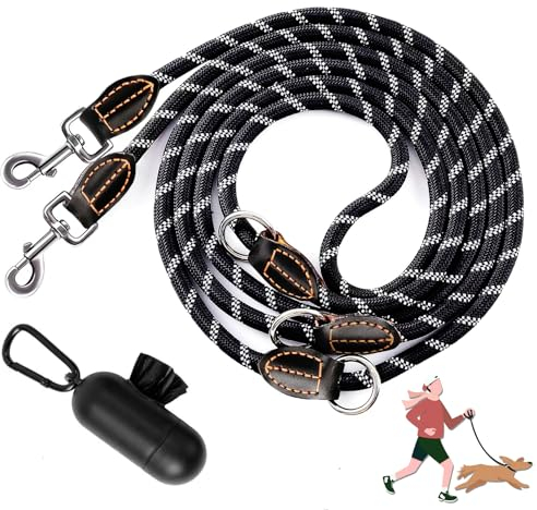 Hundeleine für Große und Mittelgroße Hund(15-60 kg), 3.4m Verstellbare Doppelleine & Freihandleine aus Nylon mit Reflektierend durch die,Extreme Kraft bis 200 kg