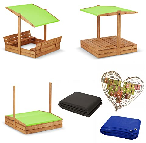 Sandkasten Imprägniert mit Dach inkl. Video Anleitung für Montage Sonnenschutz UV-Schutz Sandbox mit Abdeckung mit Sitzbänken mit Deckel mit Plane Sandkiste Sandkastenvlies Holz 120x120 140x140 XL