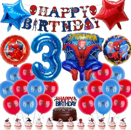 Spiderma Kindergeburtstag Deko,30 Stück Helium Ballons Geburtstag,Mit riesigen 3D-Spiderma-Heldenballons und Zahlenballons,Geburtstagsdeko Für Kinder 3 Jahre