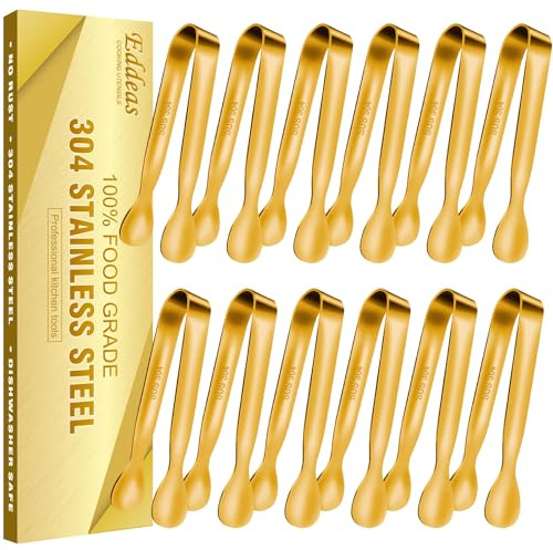 EDDEAS 12 PCS Small Serving Tongs, 4.3 Mini Gold Tongs, Gold Kitchen Tongs for Serving Food, Coffee Bar, Tea Party, Desserts Party and Ice Bucket