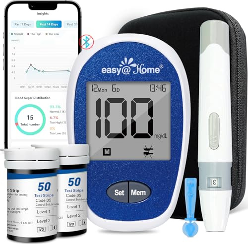 Easy@Home Blood Glucose Monitor Kit: GlucoseEase Blood Sugar Testing Kit with 100 Glucometer Strips and 100 Blood Lancets – Not Bluetooth Enabled – Portable Diabetes Testing Kit for Home Use EBG-100SL