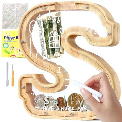 Lakpopya Personalisiert Spardose Kinder Jungen, Holz Sparschwein | Transparente Spardose mit Buchstaben A–Z für Kinder Mädchen Erwachsene mit Aufklebern und Filzstift, Taufgeschenk Dekoration