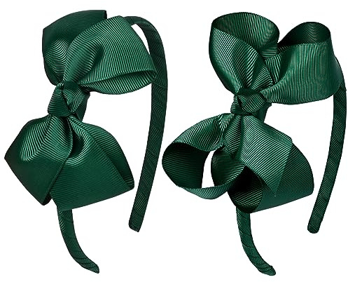 DEEKA 2 PCS 4 Dark Green Bow Headband Grosgrain Ribbon Hair Bows for Toddlers Hair Band Accessories for Little Girls Kids Set of 2 -Dark Green