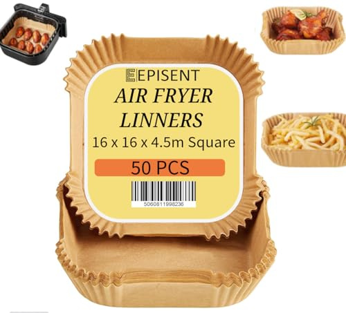 EPISENT Air Fryer Liners Square 50PCS – 16x16x4.5cm Non-Stick Disposable Paper Liners for Air Fryers – Greaseproof Waterproof Heatproof Air Fryer Inserts, Sheets, Basket Liners
