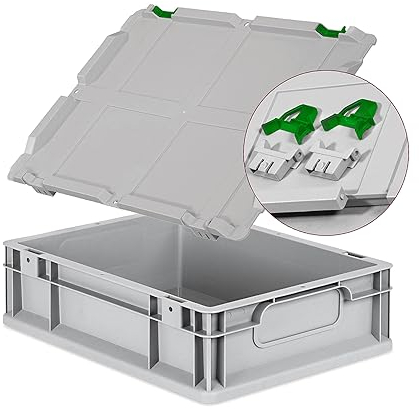 Eurobox NextGen Economy 40x30x12cm Griffe geschlossen mit Scharnierdeckel grau, Kunststoffbox 11 Liter stapelbar Transportbox, Wohnmobilbox Farbe Deckel-Verschlüsse wählbar (Verschluss Grün)