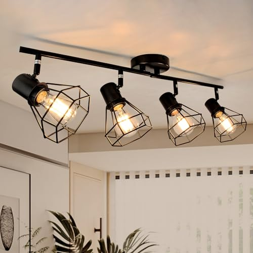 HiBay 4 Way LED Ceiling Lights, Rotatable Light Fittings Ceilings E27 Spotbars Black, Industrial Spotlights for Kitchen Bedroom Living Room, Bulbs Not Included