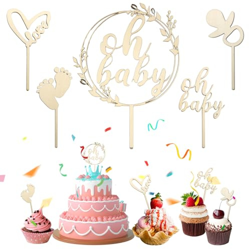 Mezrkuwr 5-teiliges Oh Baby Cake Topper Holz Set, Gelb, Babyparty Deko