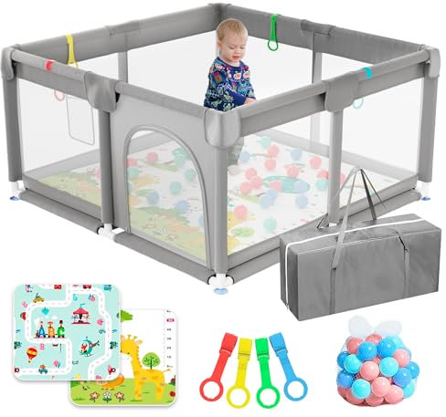 JUPPLIES Parque Infantil Bebe 120x120cm + Alfombra Bebe + 50 Bolas + Bolsas de Transporte – Corralito Bebe con Malla Transpirable – Parque de Juegos Bebe – Playpen Bebe - (Gris)