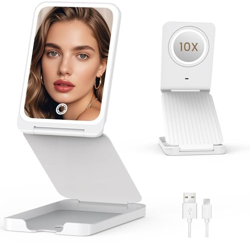 LAMPICK Travel Makeup Mirror with Lights, Foldable 1X Vanity Lighted Mirror with 10X Magnification, Rechargeable 1500mAh, Dimmable Touch Screen, Freely Adjust Height and Angle