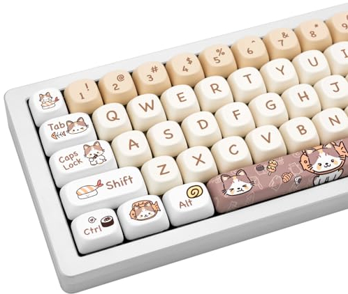 JOLINTAL 142 Tasten Niedliche Tastenkappen MOA Profil Tastenkappen, PBT Tastenkappen, Custom Katzen Tastenkappen, Weiße Tastenkappen 60 Prozent Niedliche Tastenkappen für mechanische Tastatur