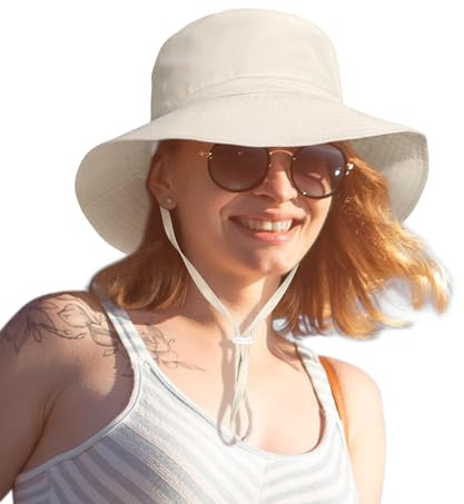 Women Wide Brimmed Sun Hat,Summer Foldable Beach Bucket Hat with UV Protection for Women Young Girls Beige