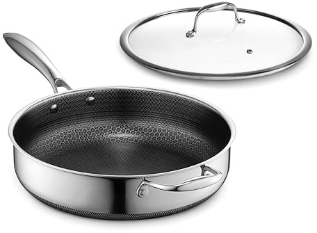 HexClad Hybrid Nonstick 4.5-Quart Deep Sauté Pan with Tempered Glass Lid, Stay-Cool Handle, Dishwasher-Friendly, Oven-Safe Up to 900°F, Induction Ready, Compatible with All Cooktops
