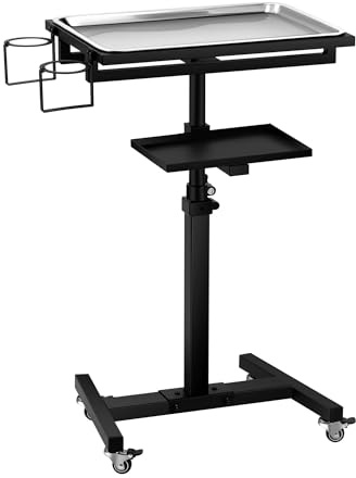 POARMEEY Stainless Steel Tattoo Tray with Wheels Trolley Adjustable Height, Tattoo Workstation Rolling Tray for Studio Salon & Spa