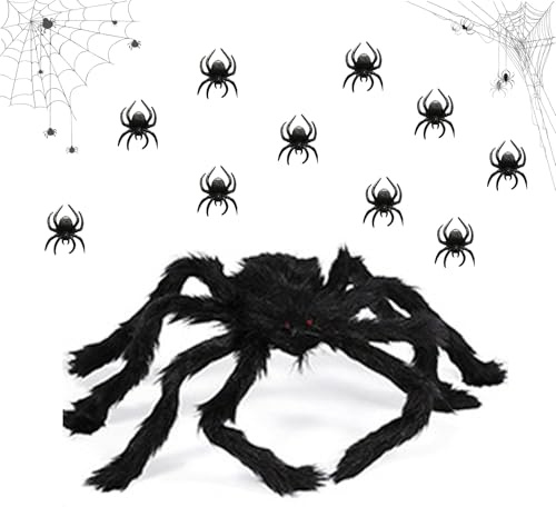BSITSSS 1 Pezzo Ragno di Halloween + 10 Pezzo Ragni Finti, Gigante Ragno Finto Realistico, 60 cm Nero Ragno Halloween, Halloween Decorazioni per Interni,Esterni e Cortili