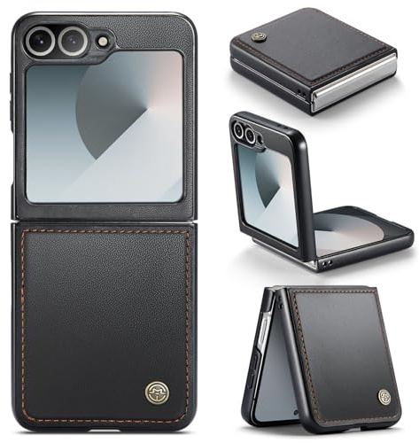 Rerzoiro Funda para Samsung Galaxy Z Flip 6, Funda Cuero PU PC Dura, Textura de Moda Delgada, Anticaída, Resistente a los Golpes Carcasa Antihuellas, Case para Samsung Z Flip6, Negro