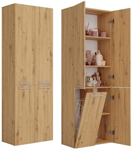 BDW Badezimmerschrank, Wäschekorb, 4 - Türen 174 x 60 x 30cm Unterschrank, Waschbeckenunterschrank, Hochschrank, Badmöbel, Bad-Hochschrank, Badregal (Artisan-Eiche)