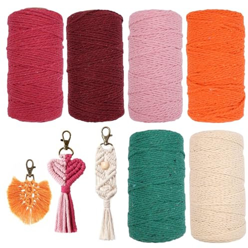 KineticKraft Makramee Garn 2mm x 100m Baumwolle, 6 Stück, Bunt und Natur, DIY Handwerk, Dekoration, Hängepflanze Aufhänger