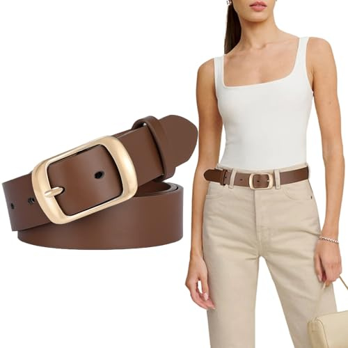 SUOSDEY Mode damläderbälten för jeansbyxor med metallstiftspänne damer retro vintage läder midjebälte, O-lätt kaffe/guldspänne, 31-36W/M