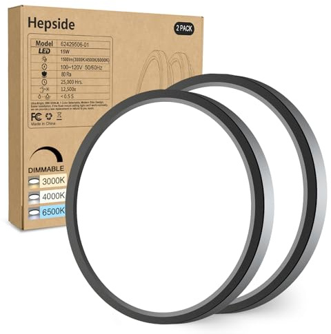 hepside 2Pack Dimmable Flush Mount Ceiling Light Fixture Black, 3CCT Selectable 3000/4000/6500K Ceiling Lamp, 7.5INCH 15W 1500LM Low Profile Light for Bedroom, Kitchen, Bathroom, Hallway