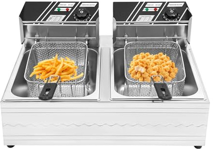 Fritteuse mit Öl, 2500 W 6L Kommerzielle Fritteuse mit Frittierkorb Schlackenabscheider Deckel, 60-200℃ Temperatur Einstellbar Edelstahl Pommes Friteuse für Brathähnchen Hähnchen und Pomm