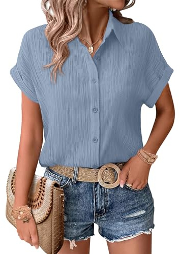 Zeagoo Womens Short Sleeve Blouse Dress Shirts Loose Button Down Shirts Business Work Blouse Summer Casual Tops for Ladies Lightblue-XL