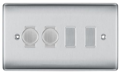 BG Brushed Steel 4 Gang Switch 2x Trailing Edge LED Dimmer 2x 2 Way Custom Grid