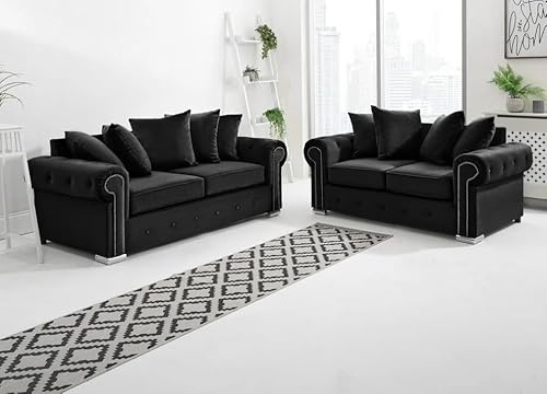 Olympia Kashmir Plush Velvet Sofa - Corner Sofa - 3-Seater & 2-Seater Sofa for Modern Living Room - Button Tufted - Scatter Back (Black, 3+2 Seater)