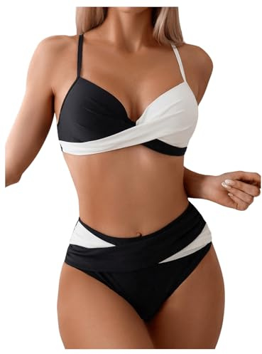 GORGLITTER Women's High Waisted Swimsuit Push Up Tummy Control 2 Piece Swimwear Colorblock Criss Cross Bikini Sets Black and White Medium