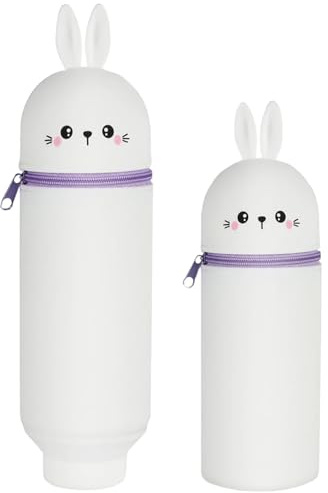 ZYEKIU Federmäppchen Stiftbehälter Kawaii 2 in 1 Weiches Silikon Federmäppchen Tiere Lächelnd Kaninchen Tischstifthalter Teleskopisch Mäppchen Kinder Schule Home Office Supplies (Weiß Kaninchen)
