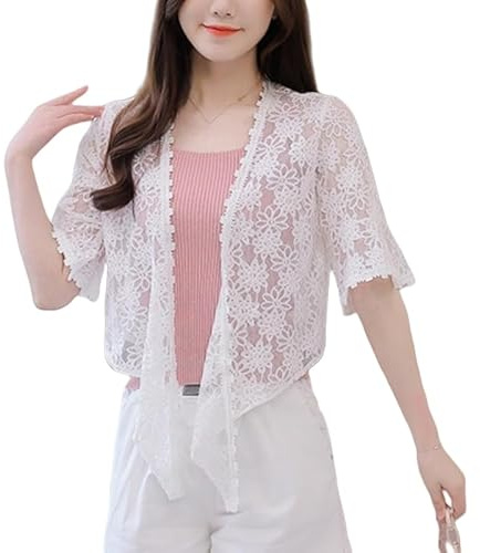 WLLDDDIU Boléros Femme, Boléro en Dentelle pour Femme, Cardigan D'Été À Manches 3/4, Noué sur Le Devant, Élégant, Court, en Tricot, Robe Transparente À Fleurs, pour Mariage, Soirée, Décon