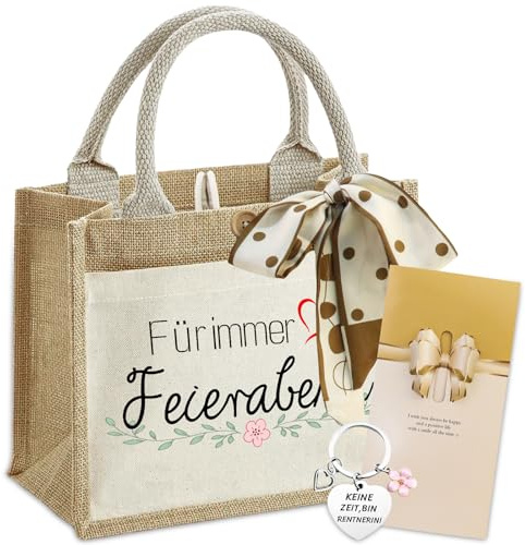 Ruhestand Geschenkset für Frauen Jutetasche mit Spruch Für immer Feierabend | Jute Tote Bag für Damen Einkaufstasche Geburtstag Geschenke Renteneintritt Pension Abschiedsgeschenk Rente Frau Kollegen Mama