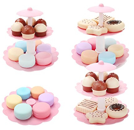 Desserts Tower Play Food Toy Set for Toddlers, 16 Piece Pretend Play Kitchen Accessories with Stand Base, Cakes, Cookies, Macarons for Preschool Tea Party