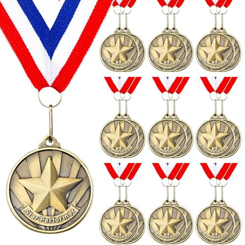 Quelay 20 Pcs 2'' Awards Medals with Neck Ribbons Winner Gold Medals Bulk Metal Trophy Award Prize Gift for Competitions School Education Tournaments Party Favor(Star Performer)