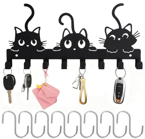 Llavero moderno con 8 ganchos, soporte para llaves decorativo de pared | color negro con patrón de arte de gato, para pasillo, apartamento, salón y cocina
