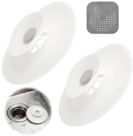 Tapones de Silicona para Desagüe, 2 Tapones Lavabo + 1 Filtro de Drenaje Tapón Desague Lavabo Tapón Universal a Presión para Fregadero Bañera y Cocina Antiodor y Antibloqueo
