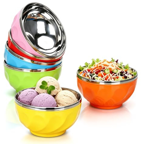 Kukyller Cuencos de acero inoxidable para niños, 6 uds., cuencos con aislamiento térmico de colores, juego de vajilla de acero inoxidable para servir sopa, cereales de arroz (15cm)