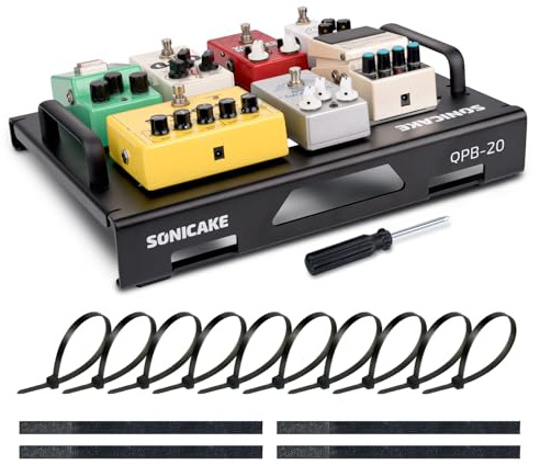 SONICAKE Mini gitarpedalbord Aluminiumlegering Effektpedalbord 38 x 29 x 6,5 cm med remmar, kabelbinder Svart QPB-20