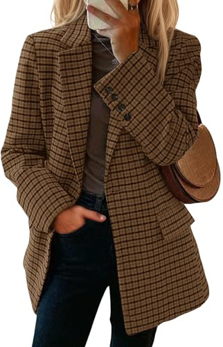 Mina Self Tweed Plaid Blazers Jacket for Women 2026 Spring Womens Chocolate Brown Houndstooth Oversized Wool Business Casual Womens Sweater Trendy Long Office Attire Outfit Women's Blazer for Work